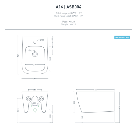 Биде Artceram A16 подвесное с одним отверстием цвет черный матовый ASB004 17 00